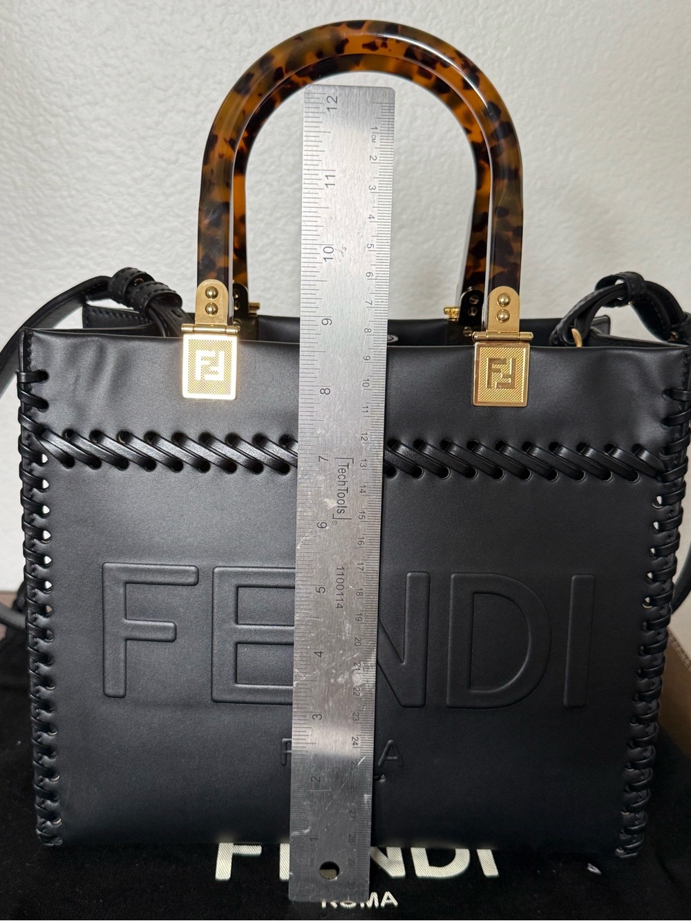 Fendi Black Leather Satchel with Tortoiseshell Handle and Gold Hardware - Picture 13 of 17